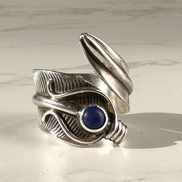 Native American Navajo Sterling Silver & Lapis Wrap Around Feather Ring Signed C - Picture 7 of 9